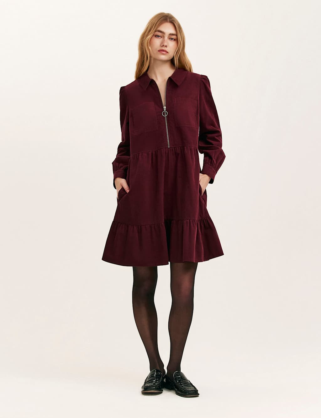 Finery London Cord Collared Knee Length Tiered Dress Burgundy