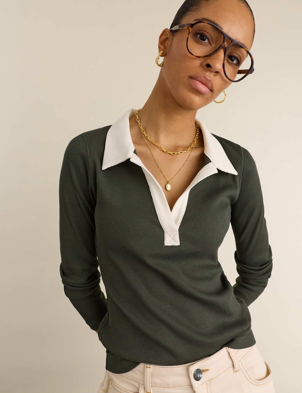 Baukjen Women's Jersey Rib Fitted Contrast Collar Polo Top - 14 - Green - Available at M&S
