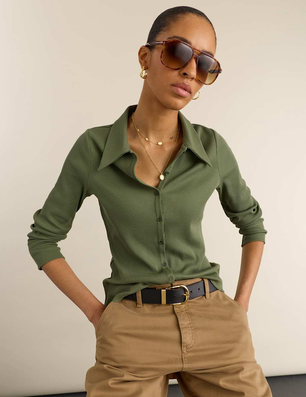 Baukjen Women's Jersey Rib Collared Button Down Fitted Top - 12 - Green - Available at M&S