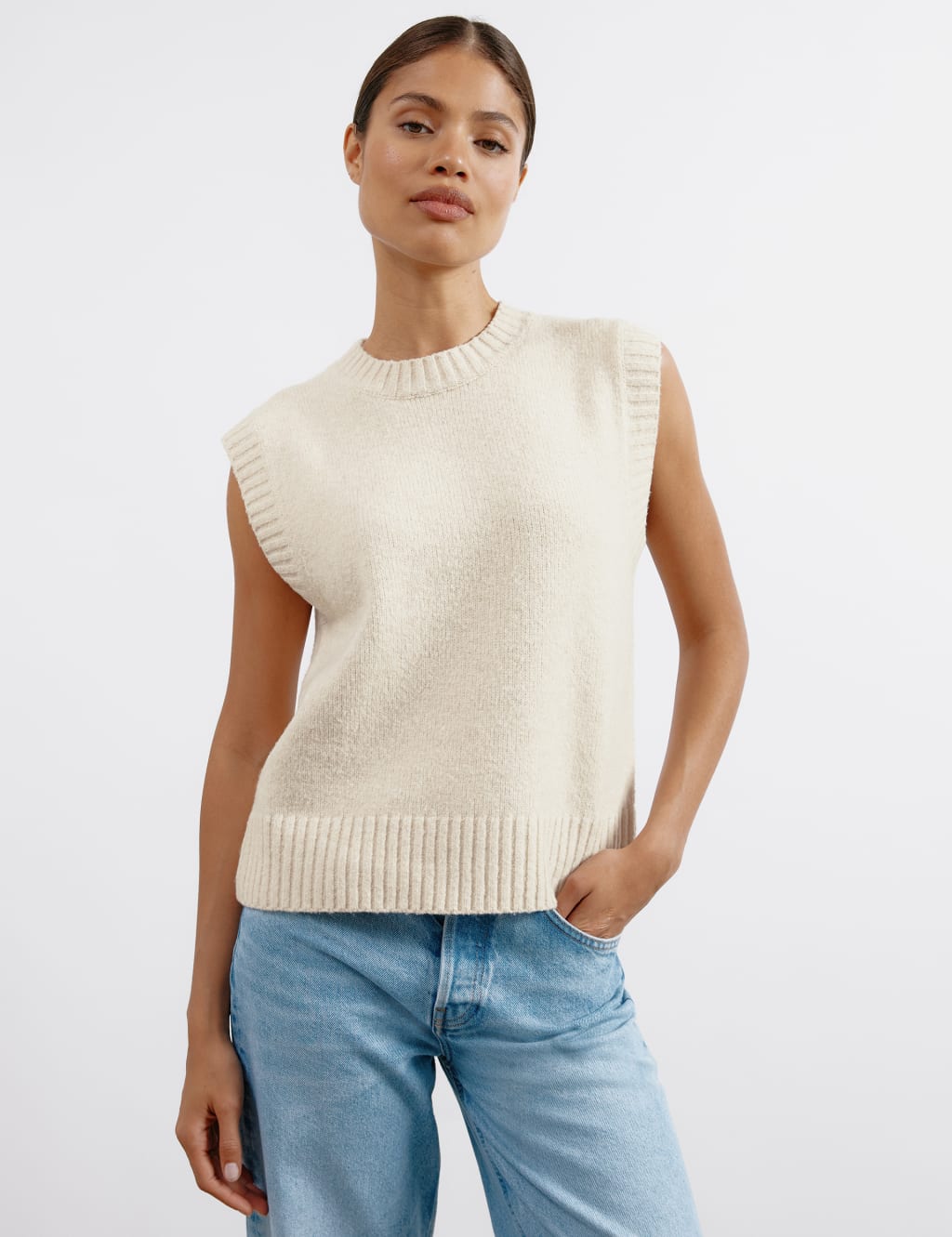 Crew Neck Knitted Vest with Wool
