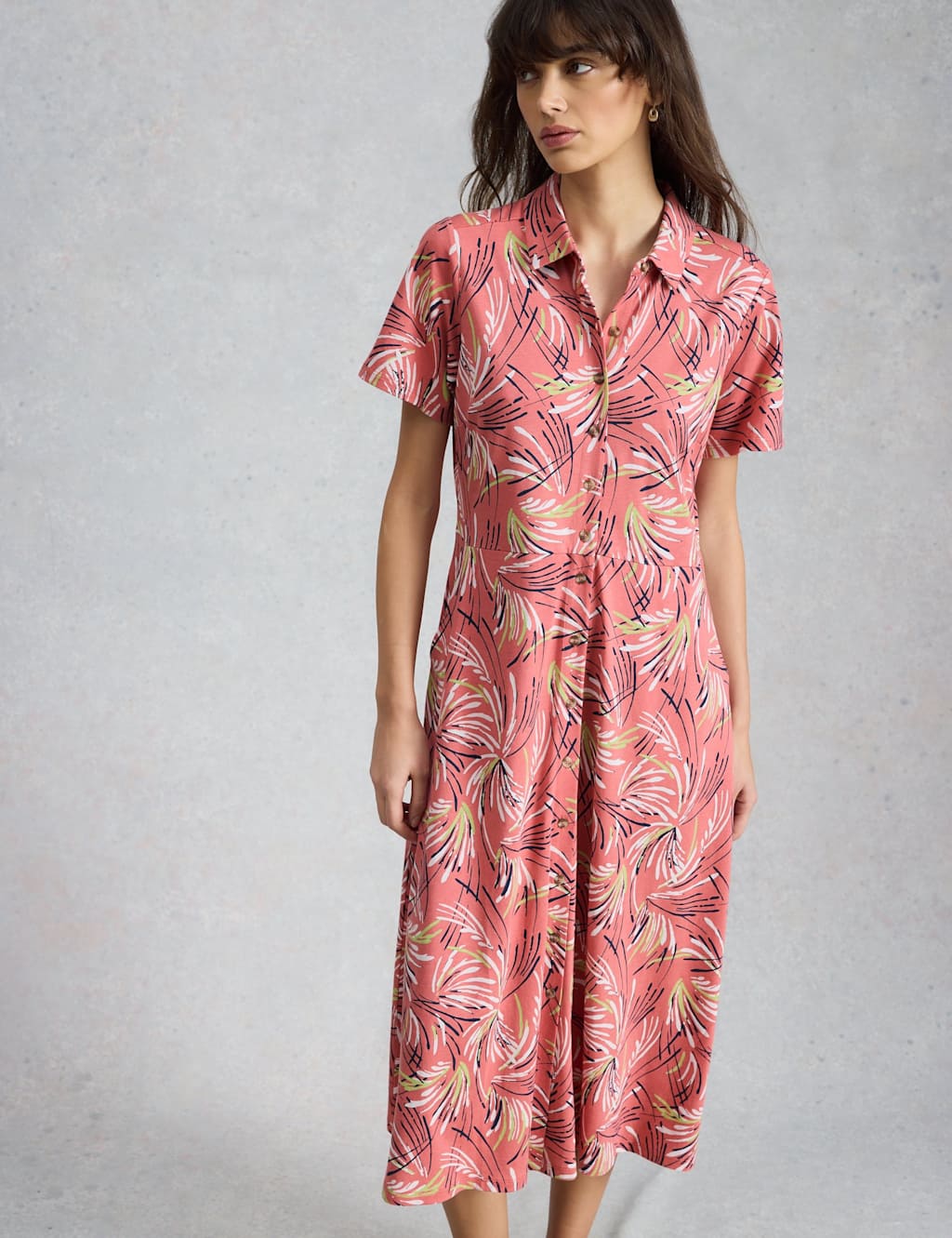 White Stuff Women's Jersey Printed Midi Shirt Dress - 10 - Pink Mix - Available at M&S