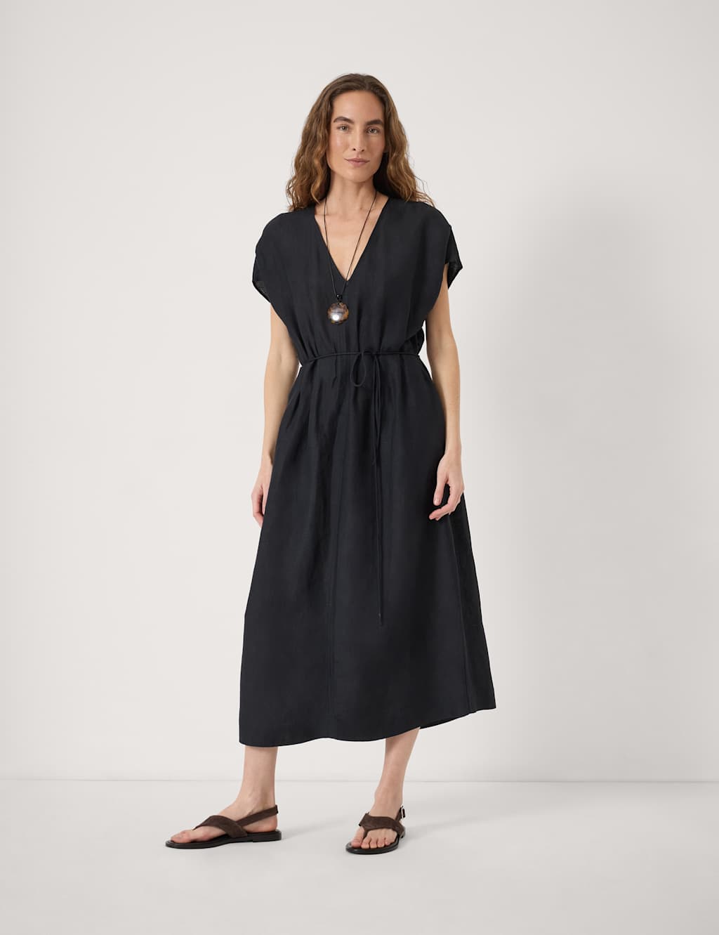 Hush Women's Linen Blend V-Neck Midi Waisted Dress - Small - Black - Available at M&S