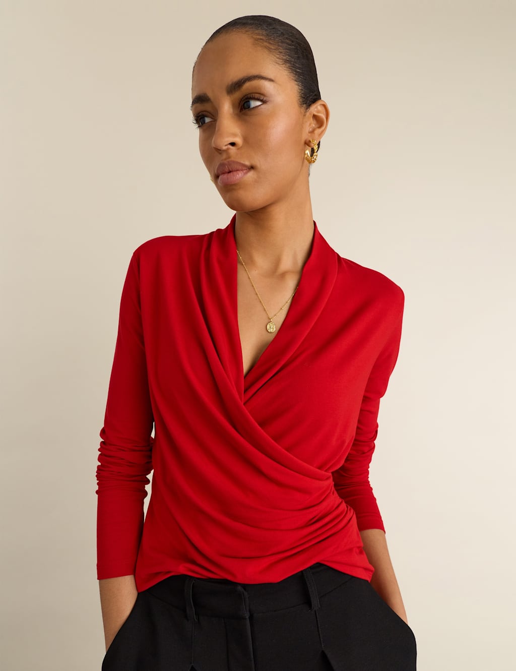 Baukjen Women's Jersey V-Neck Fitted Wrap Top - 16 - Red - Available at M&S