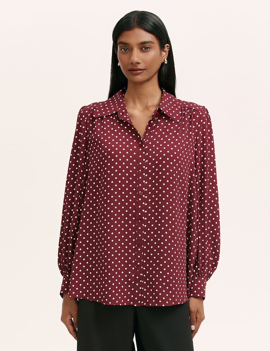 Finery London Polka Dot Collared Blouse Burgundy Mix