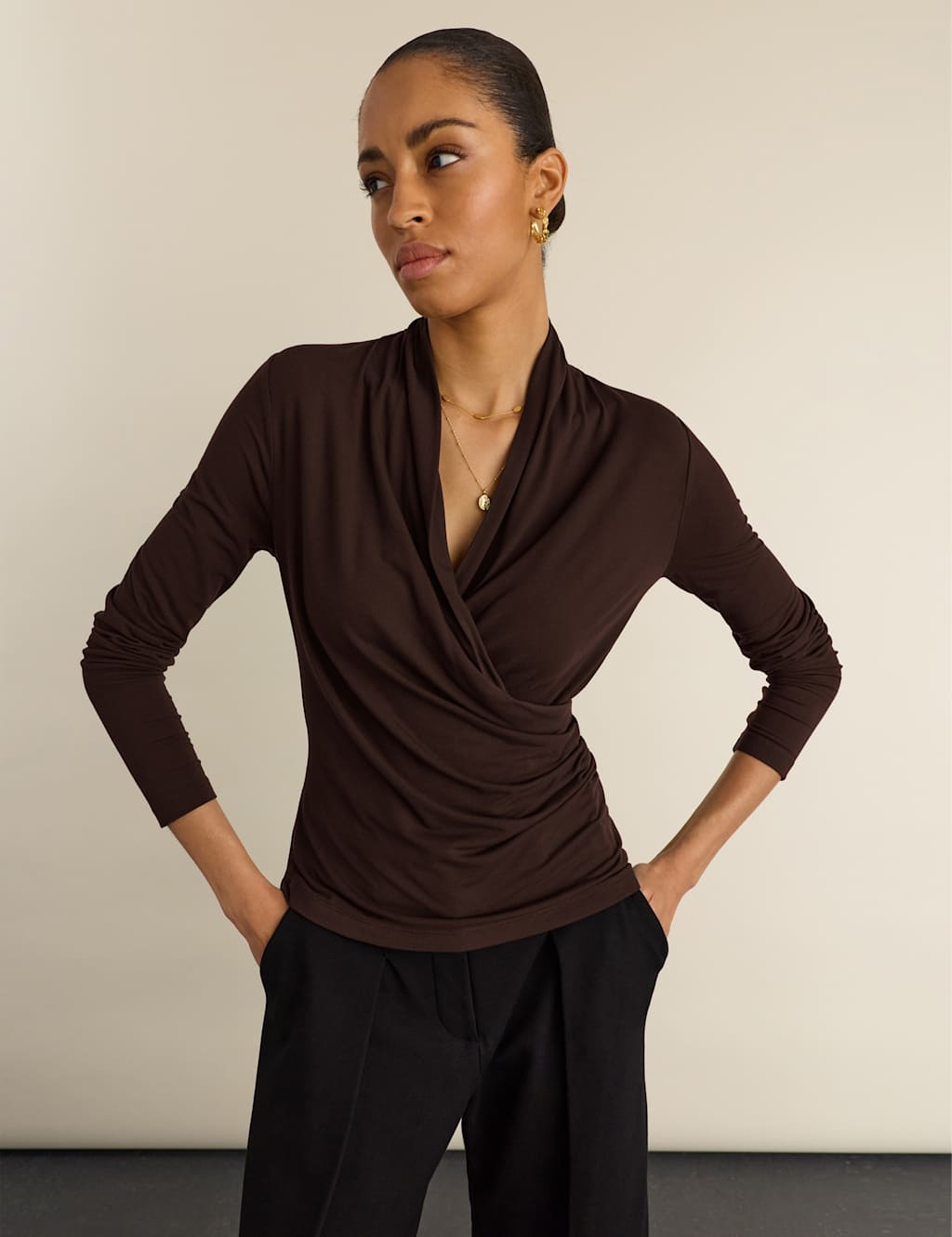 Baukjen Women's Jersey V-Neck Fitted Wrap Top - 16 - Brown - Available at M&S