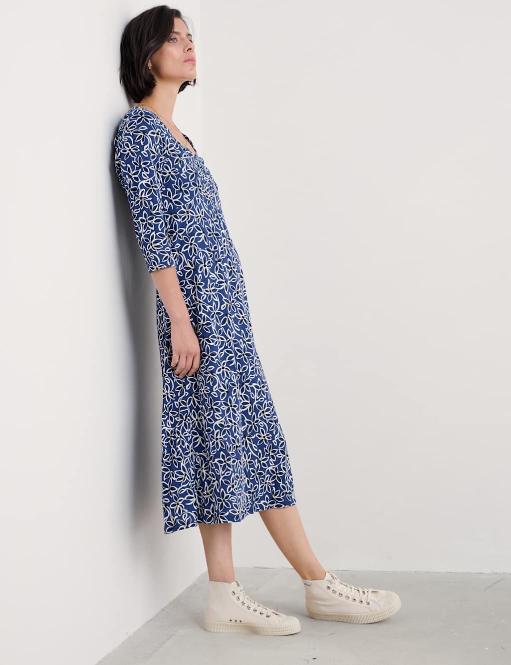 Cotton Modal Blend Floral Midi Waisted Dress