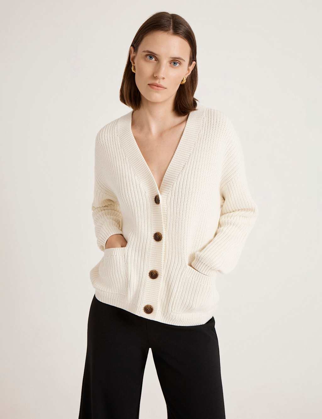 Finery London Pure Cotton V-Neck Button Front Cardigan Ivory