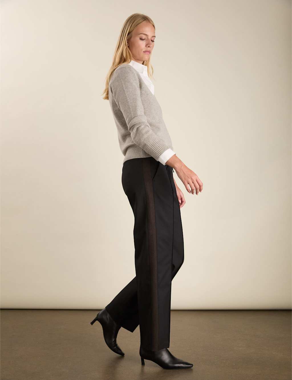 BAUKJEN Wool Blend Side Stripe Wide Leg Trousers Black Mix