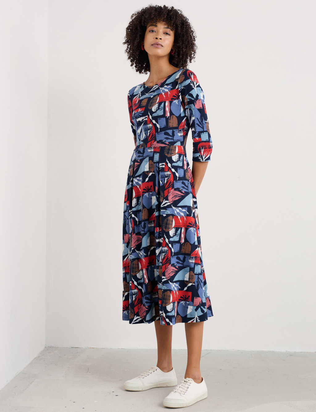 Cotton Rich Geometric Midi Fit And Flare Dress