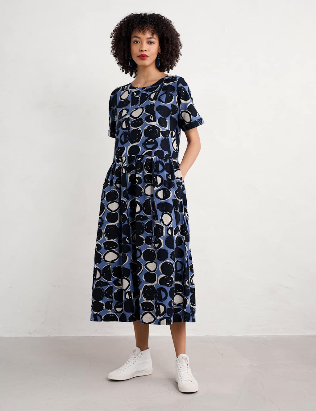 Pure Cotton Geometric Waisted Midaxi Dress