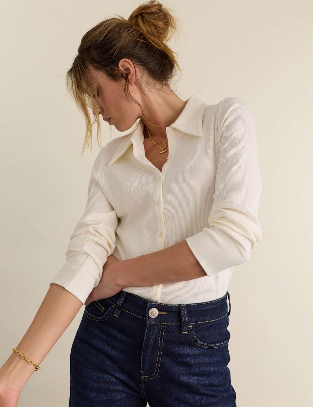 Baukjen Women's Jersey Rib Collared Button Down Fitted Top - 12 - Cream - Available at M&S