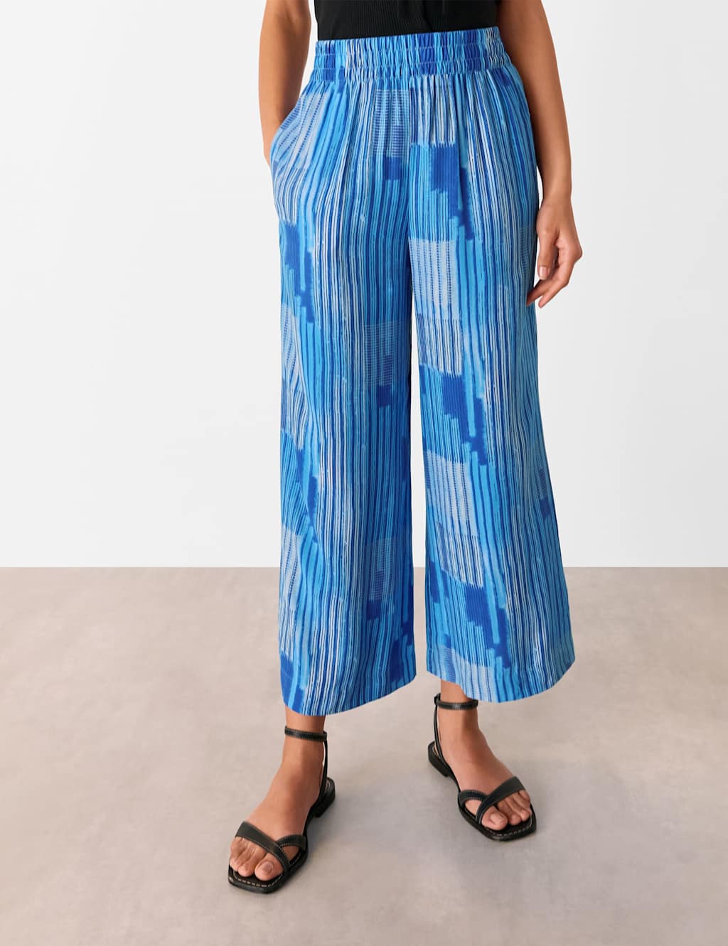 Cupro Rich Striped Wide Leg Cropped Trousers