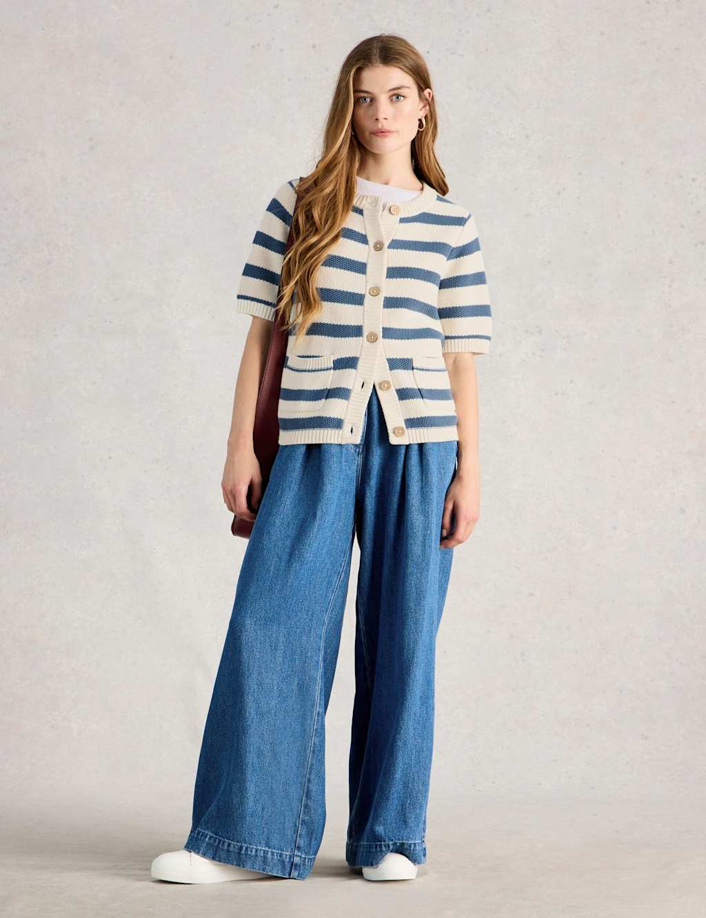 White Stuff Women's Pure Cotton Textured Short Sleeved Cardigan - 14 - Blue Mix - Available at M&S