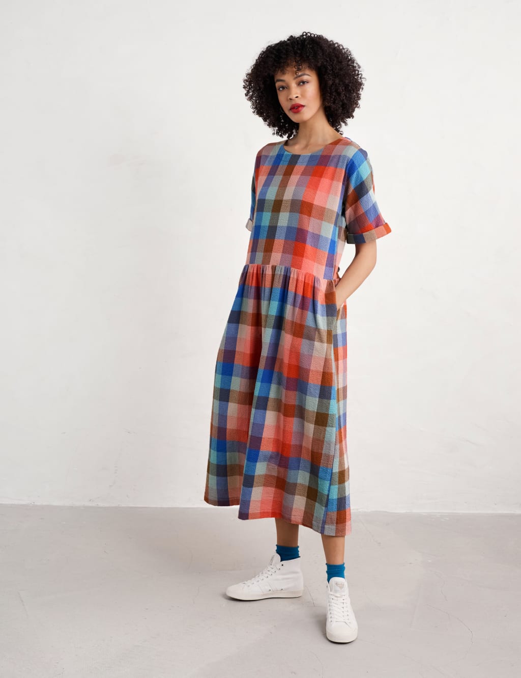 Pure Cotton Checked Midaxi Waisted Dress