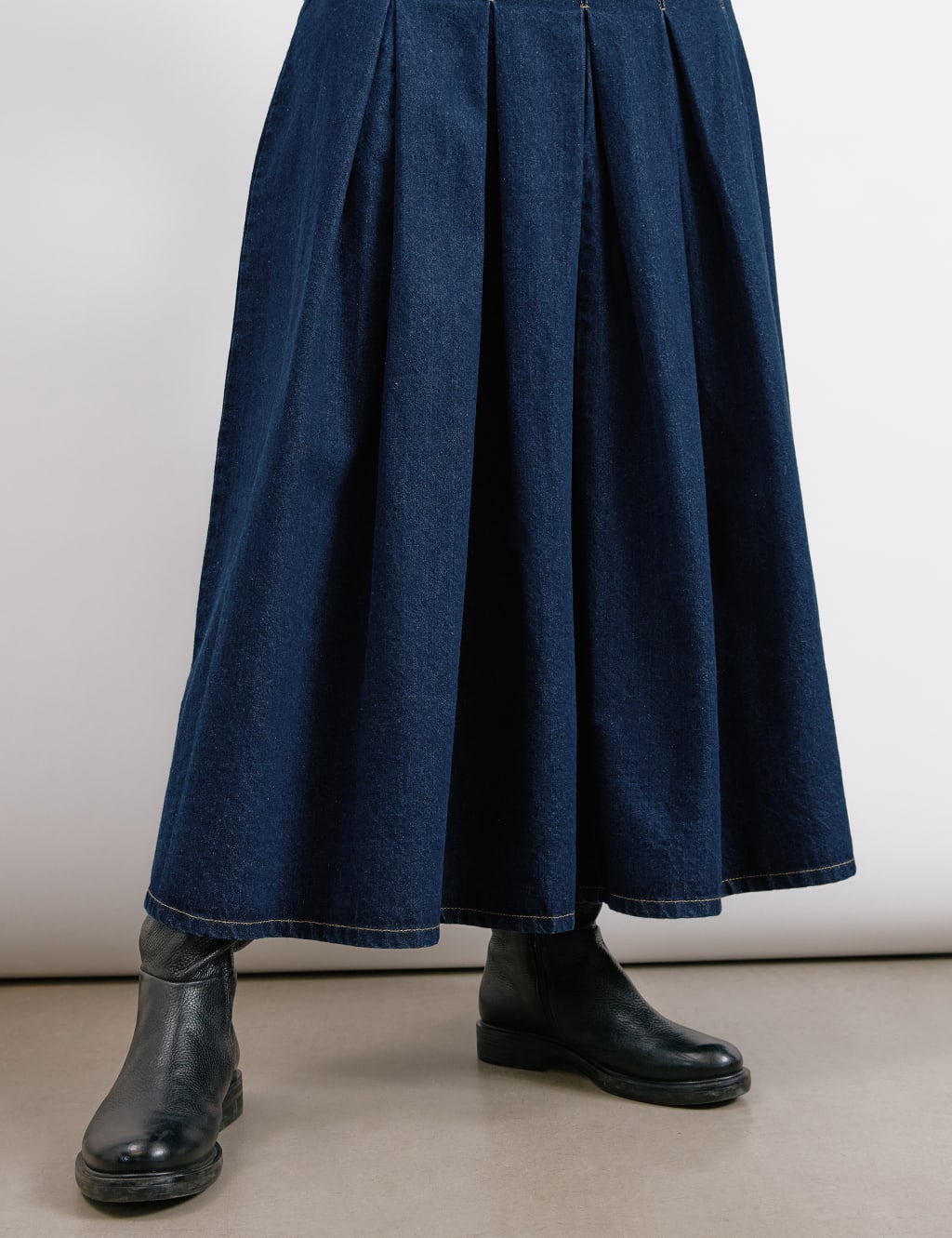 Pure Cotton Denim Pleated Midi A-Line Skirt