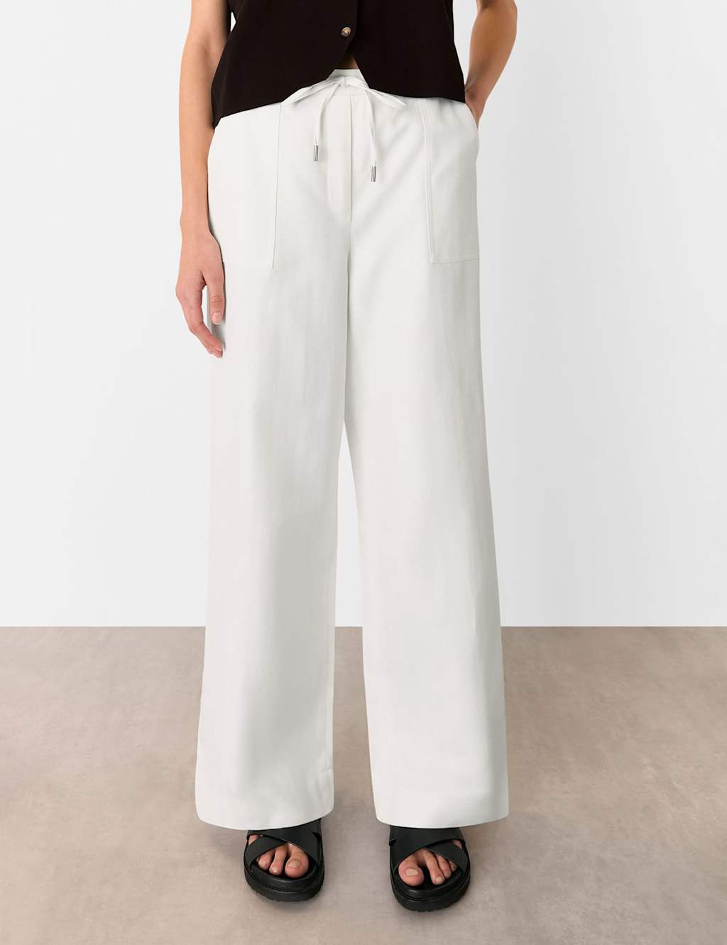 Whistles Women's Cotton Rich Drawstring Wide Leg Trousers - 12 - White, White