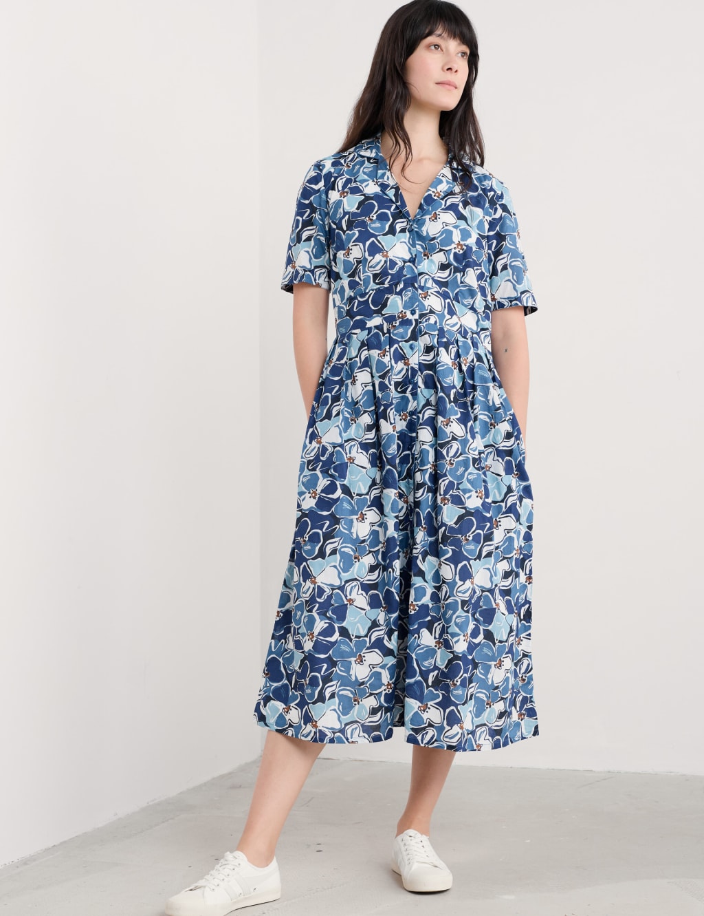 Pure Cotton Floral Midi Waisted Dress