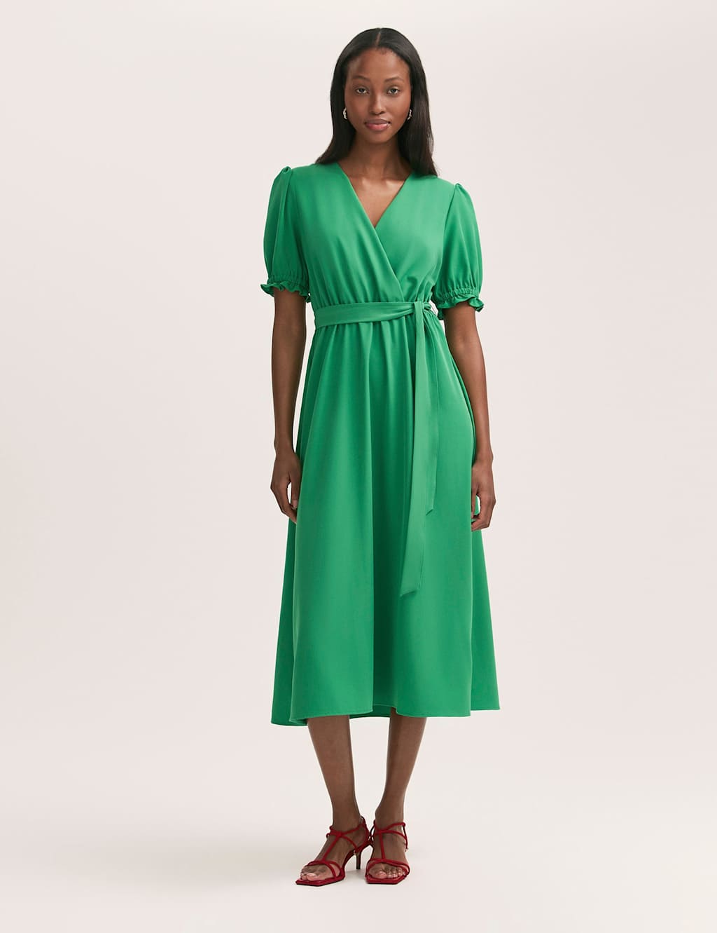 Crepe V-Neck Tie Waist Midi Wrap Dress