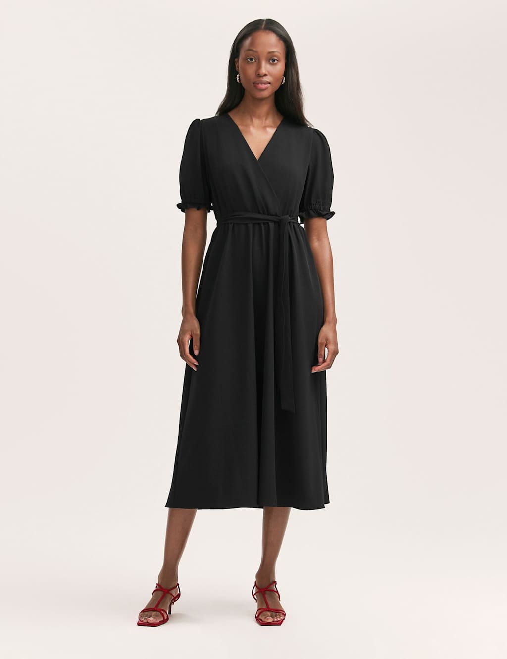 Crepe V-Neck Tie Waist Midi Wrap Dress