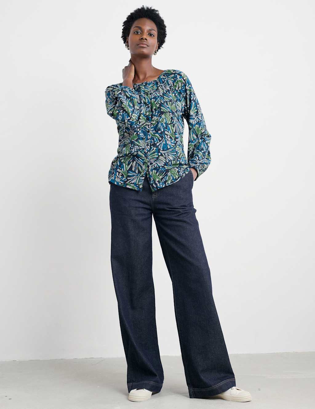 Seasalt Cornwall Pure Cotton Floral Relaxed Blouse Teal Mix