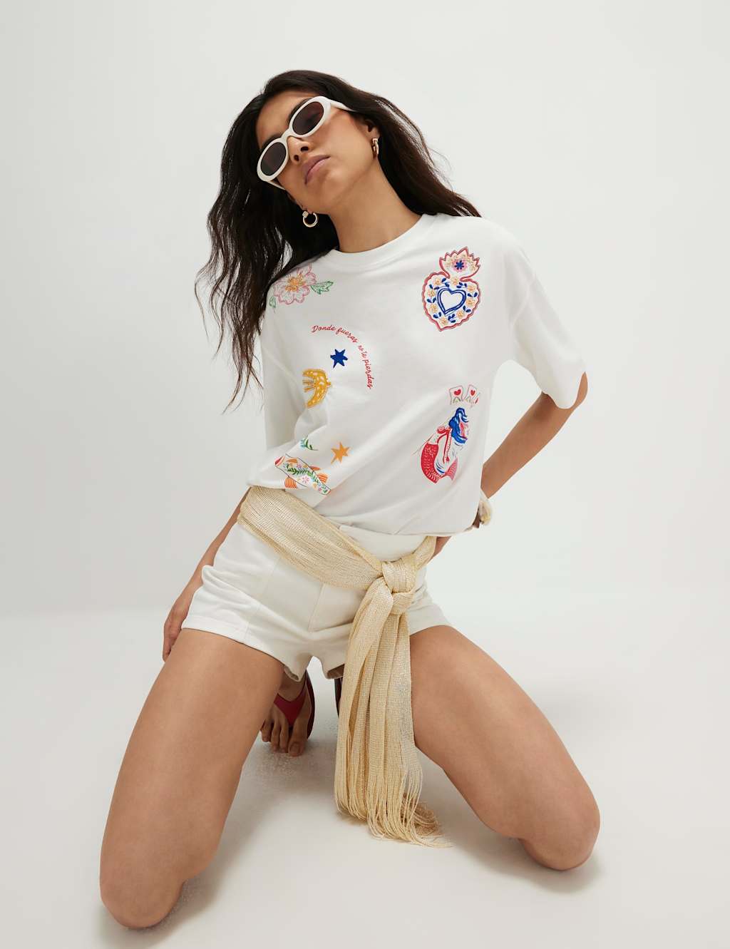 River Island Women's Pure Cotton Embellished T-Shirt - Small - White Mix - Available at M&S