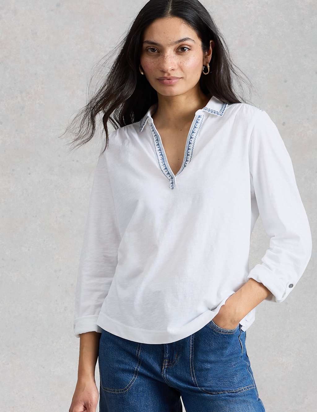 White Stuff Women's Jersey Embroidered V-Neck Collared Shirt - 16 - White Mix - Available at M&S