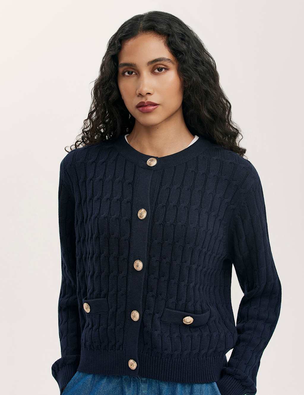 Finery London Pure Cotton Textured Round Neck Cardigan Navy