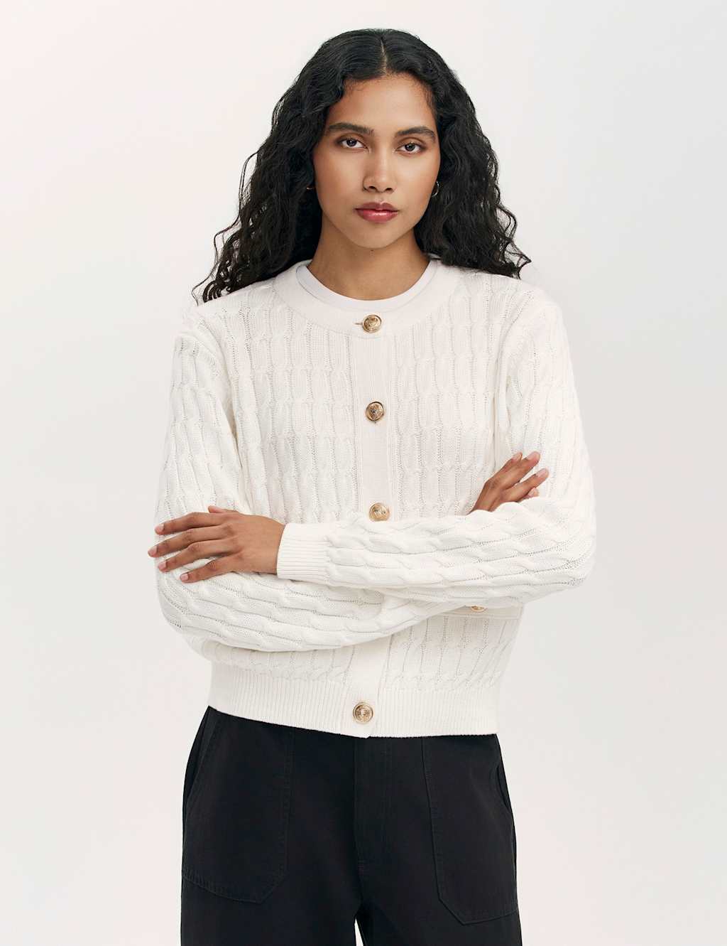 Finery London Pure Cotton Textured Round Neck Cardigan Ivory