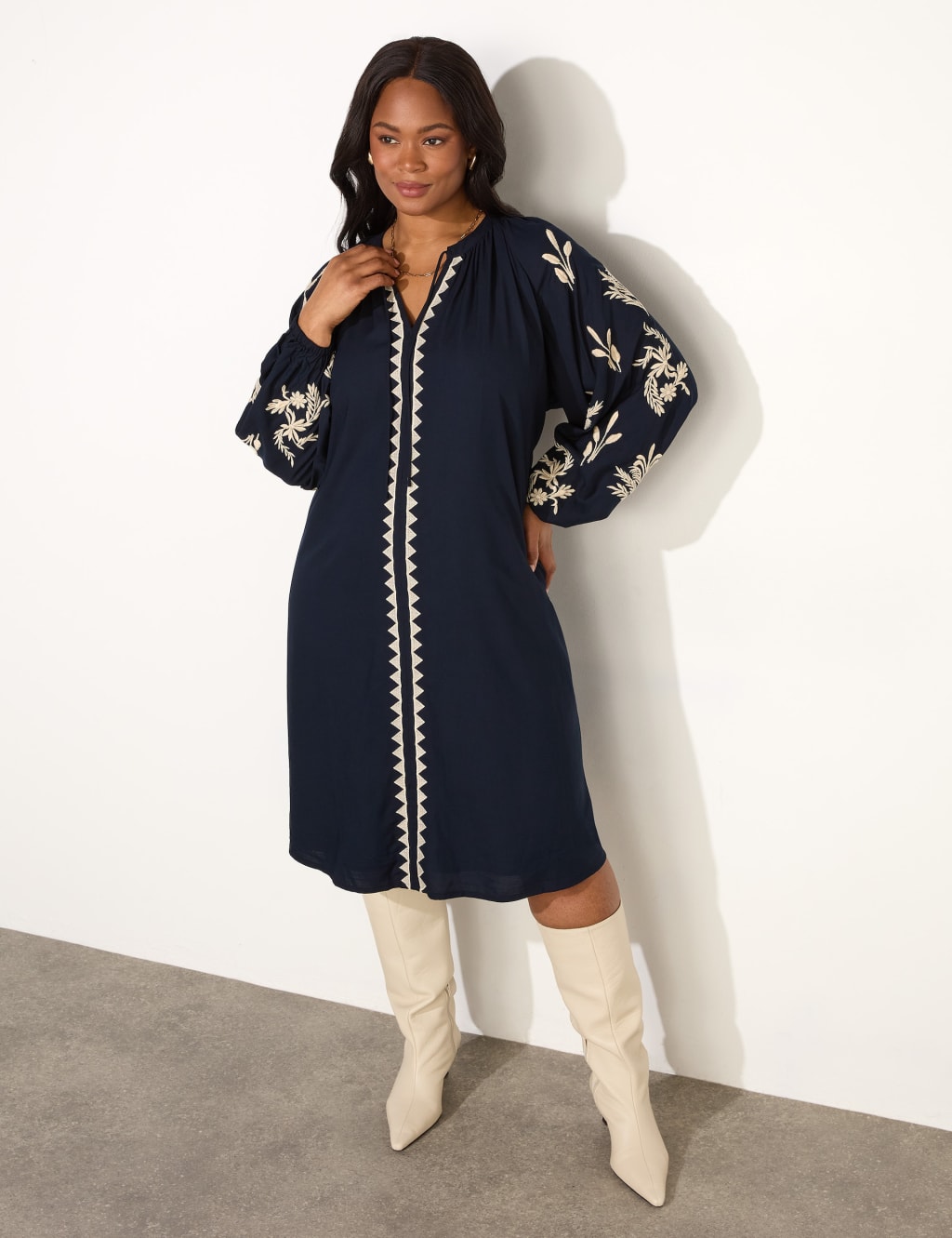 Embroidered Tie Neck Midi Smock Dress