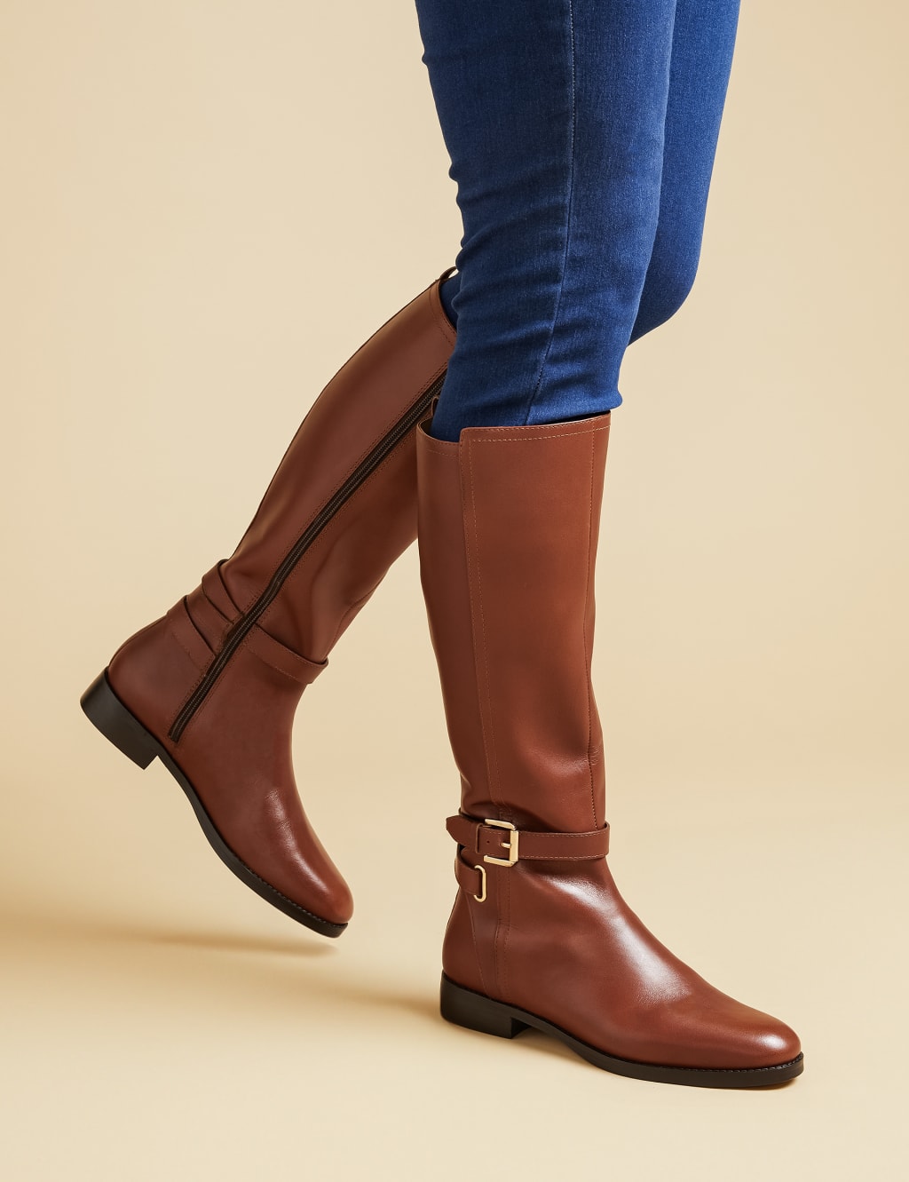 Leather Buckle Block Heel Riding Boots