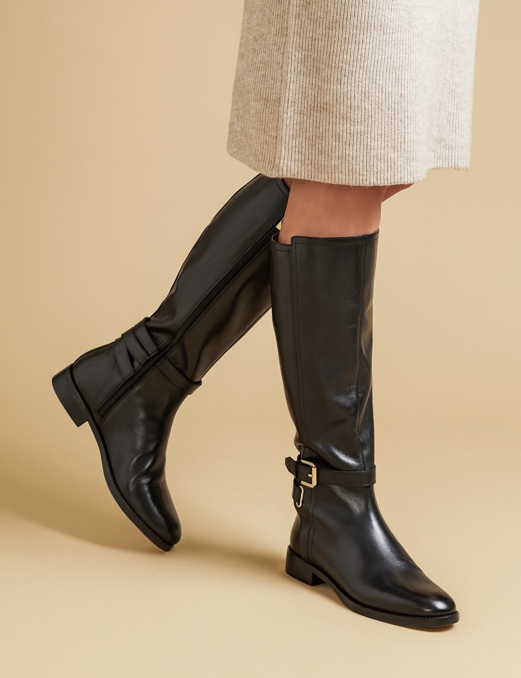 Leather Buckle Block Heel Riding Boots