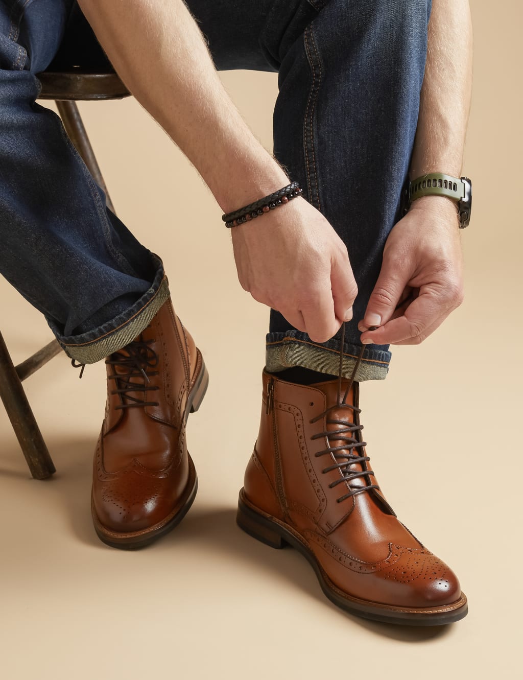 Leather Side Zip Brogue Boots