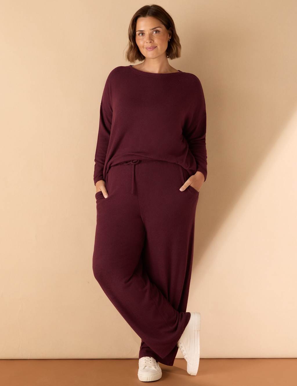 Live Unlimited London Supersoft Elasticated Waist Wide Leg Trousers Burgundy