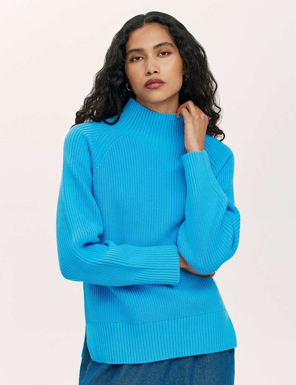 Finery London Cotton Rich Textured Funnel Neck Jumper Light Blue