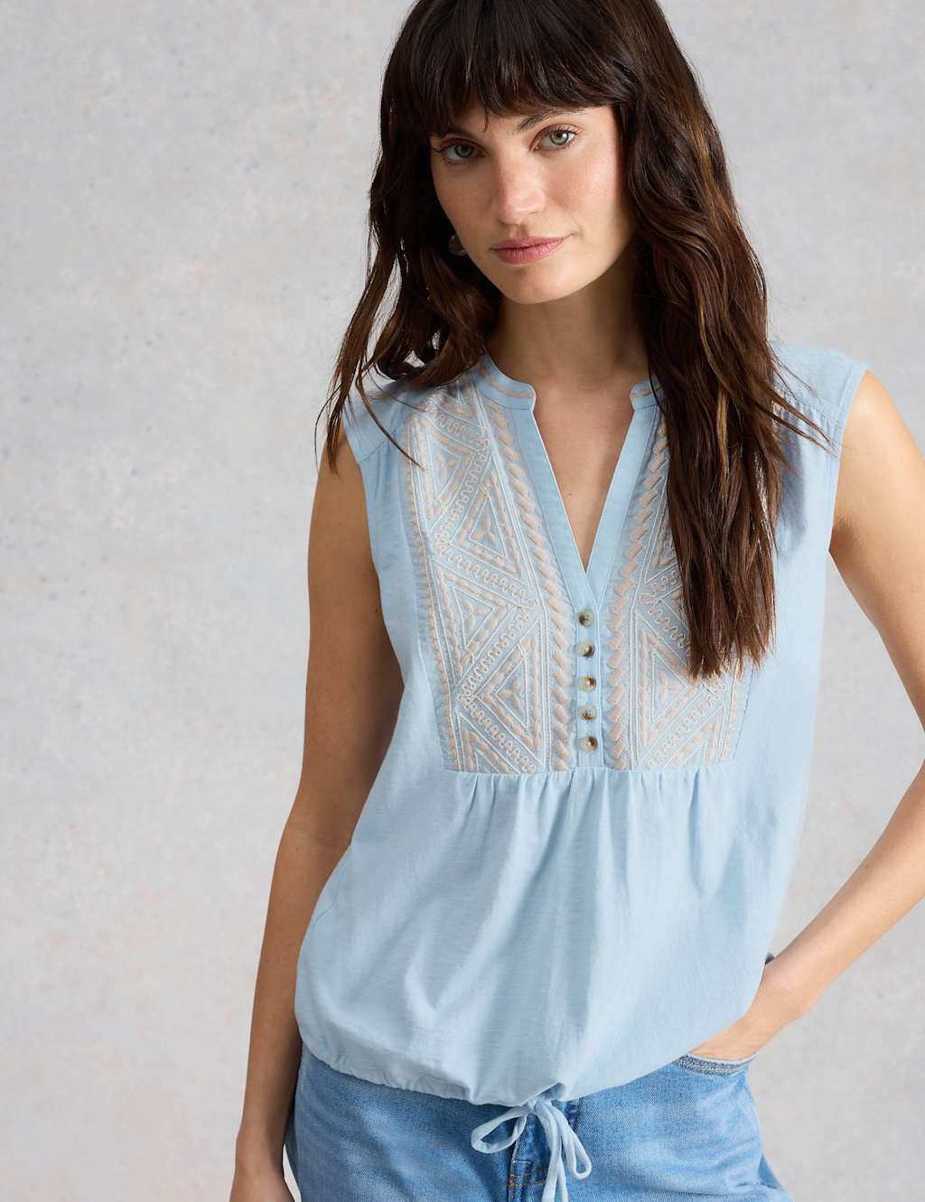 White Stuff Women's Pure Cotton Embroidery Tie Hem Top - 12 - Blue - Available at M&S