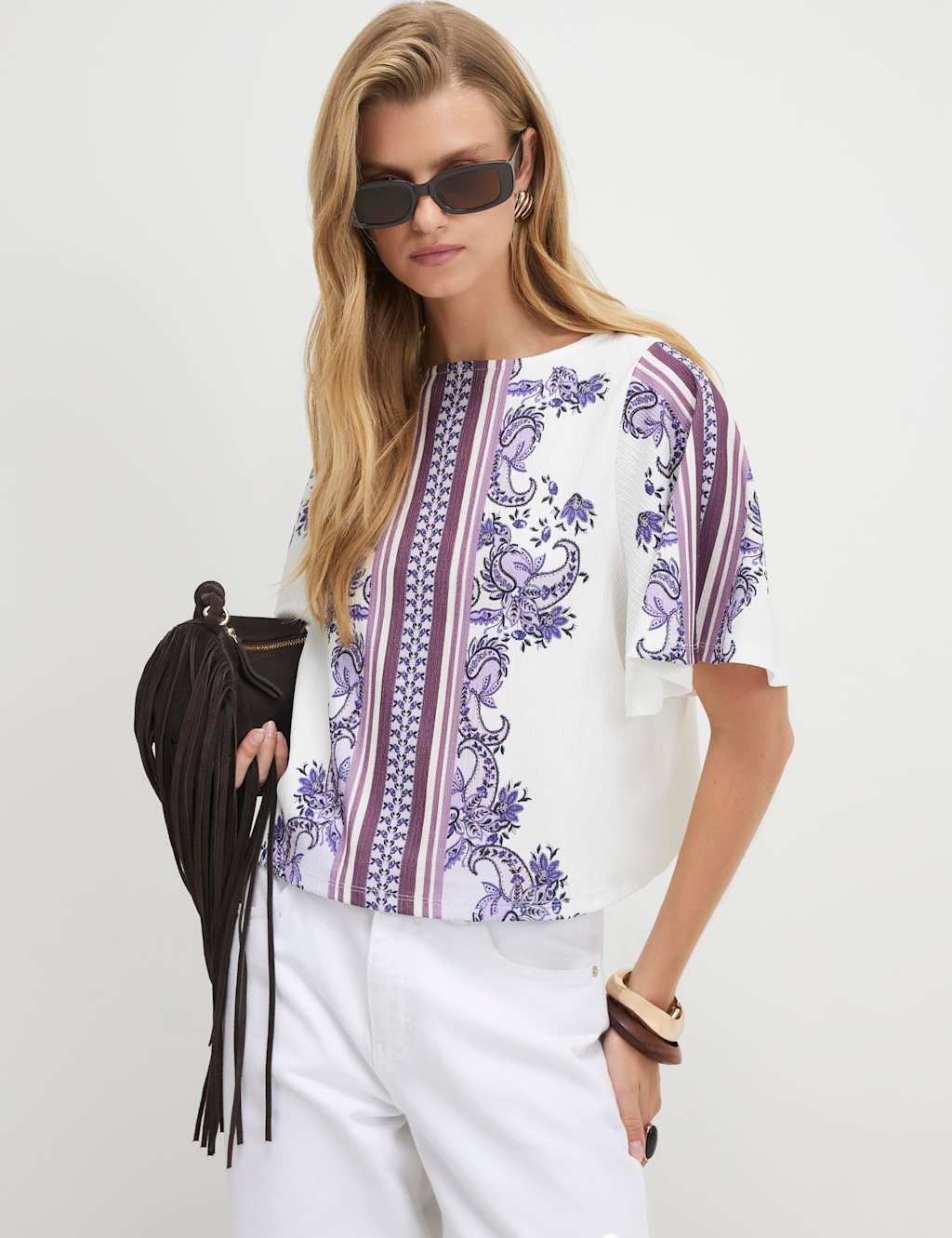 River Island Women's Pure Cotton Paisley T-Shirt - Extra Small - Cream Mix - Available at M&S