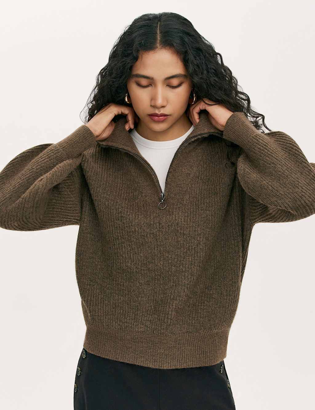 Finery London Textured Funnel Neck Half Zip Jumper Brown