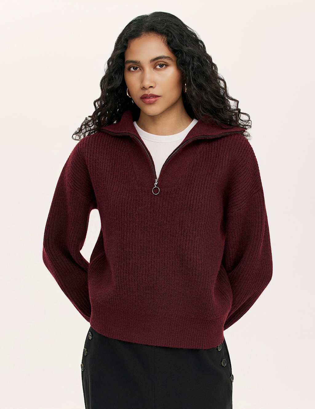 Finery London Textured Funnel Neck Half Zip Jumper Burgundy