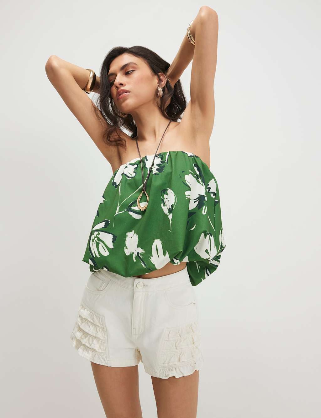 River Island Women's Floral Bubble Hem Bandeau Top - Medium - Green Mix - Available at M&S
