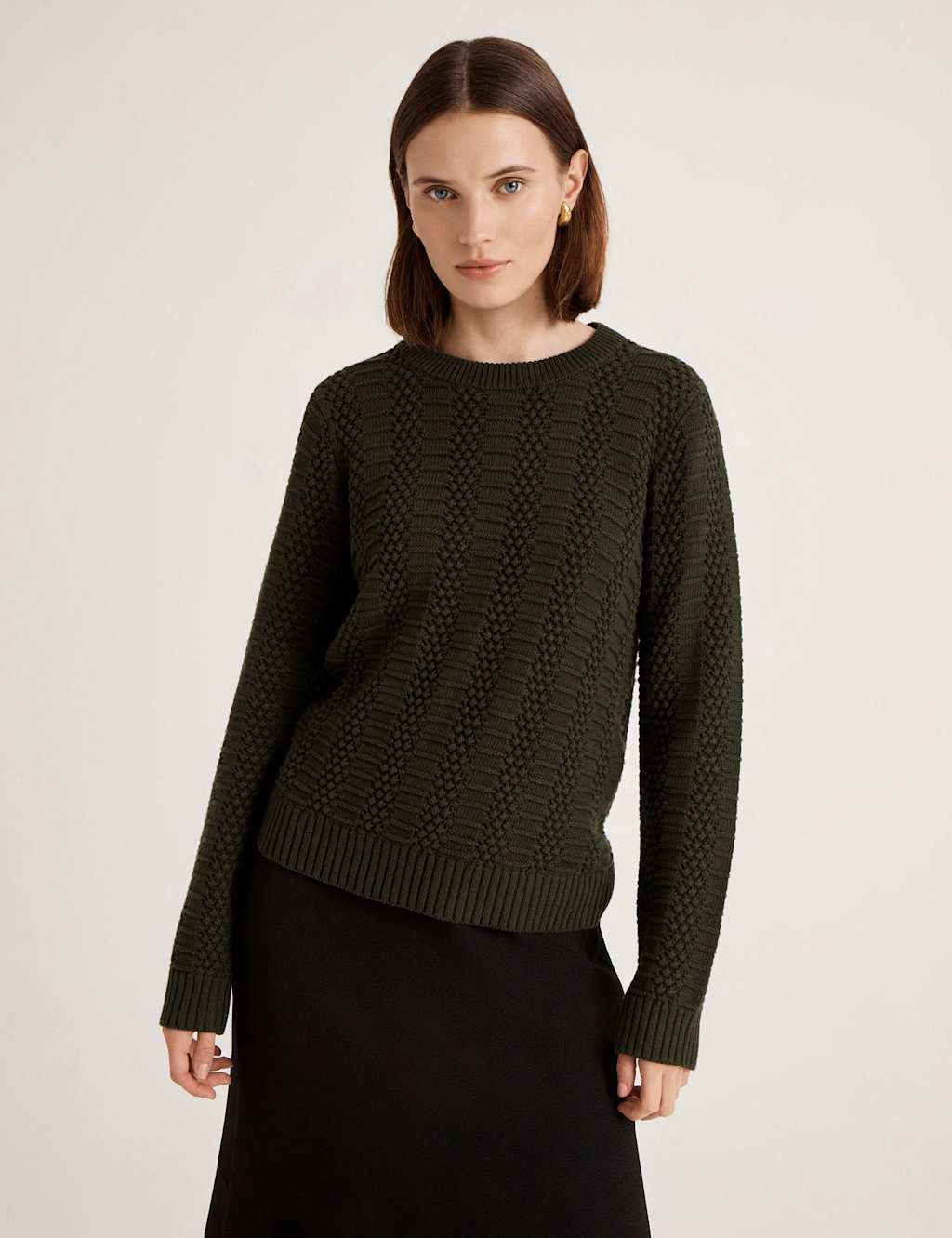 Finery London Pure Cotton Textured Crew Neck Jumper Green