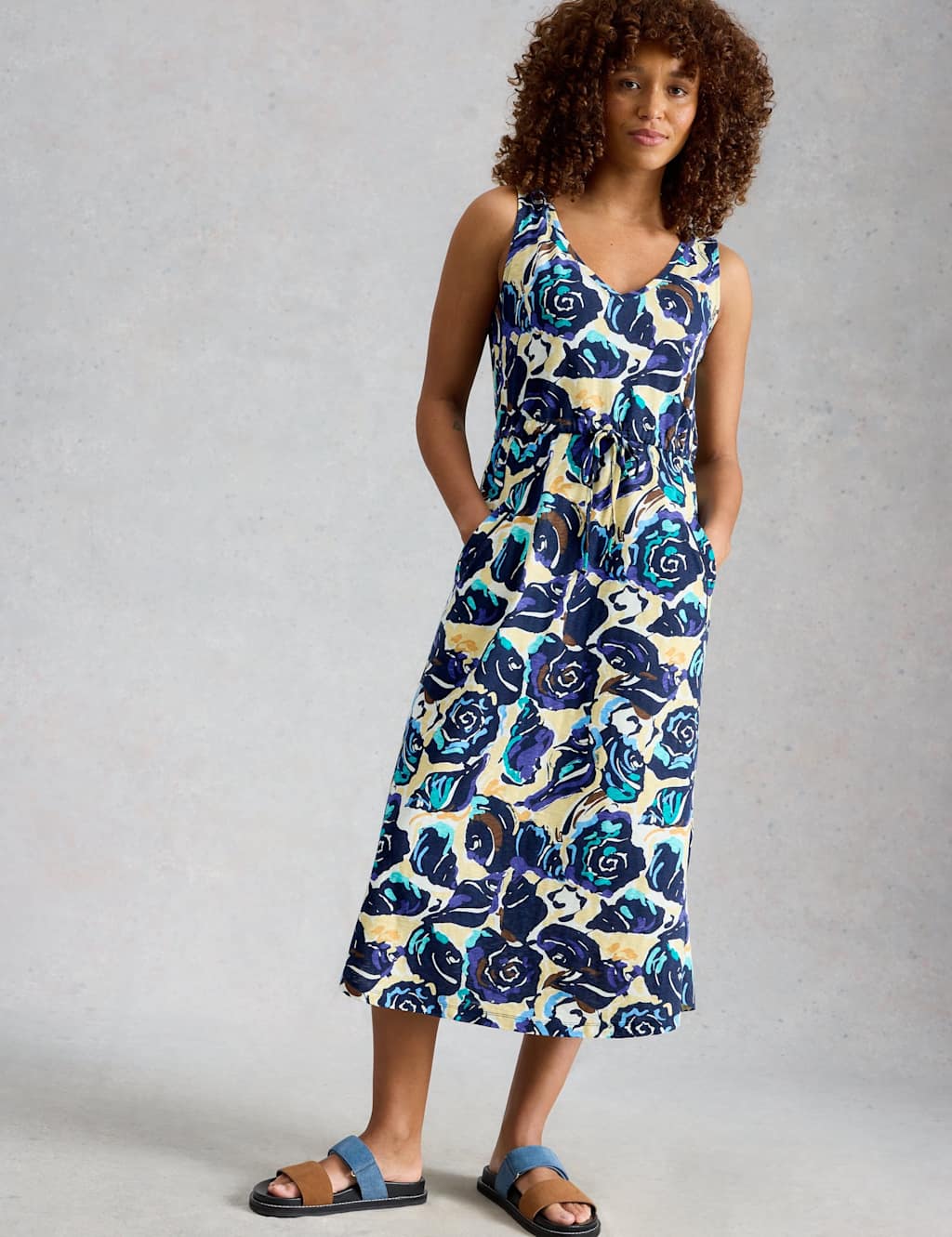 White Stuff Women's Pure Cotton Jersey Printed Midi Waisted Dress - Extra Large - Navy Mix - Available at M&S