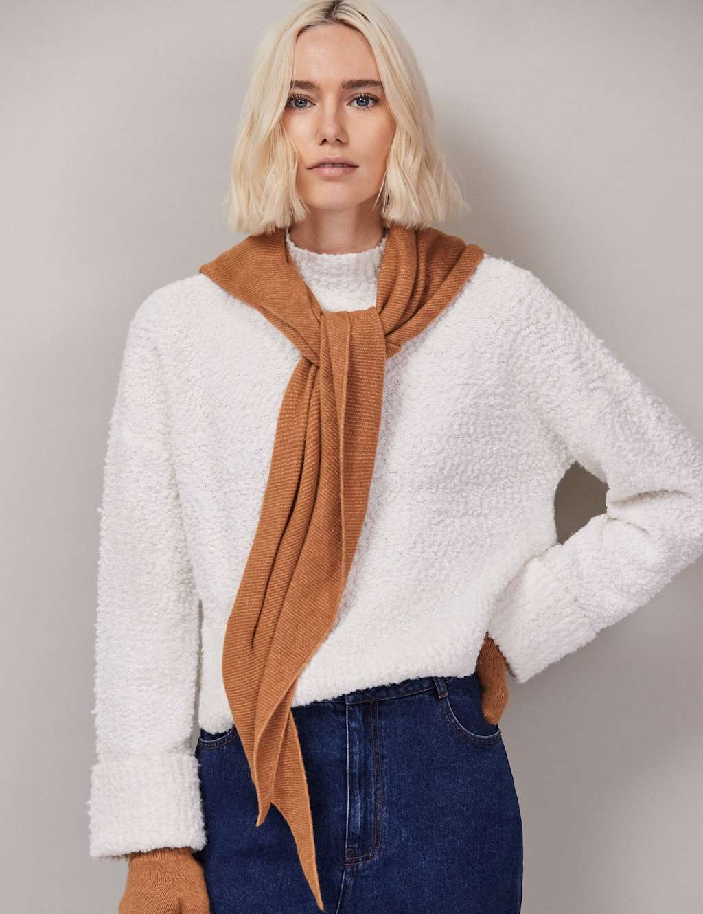 RO&ZO Cotton Rich Knitted Triangle Scarf Camel