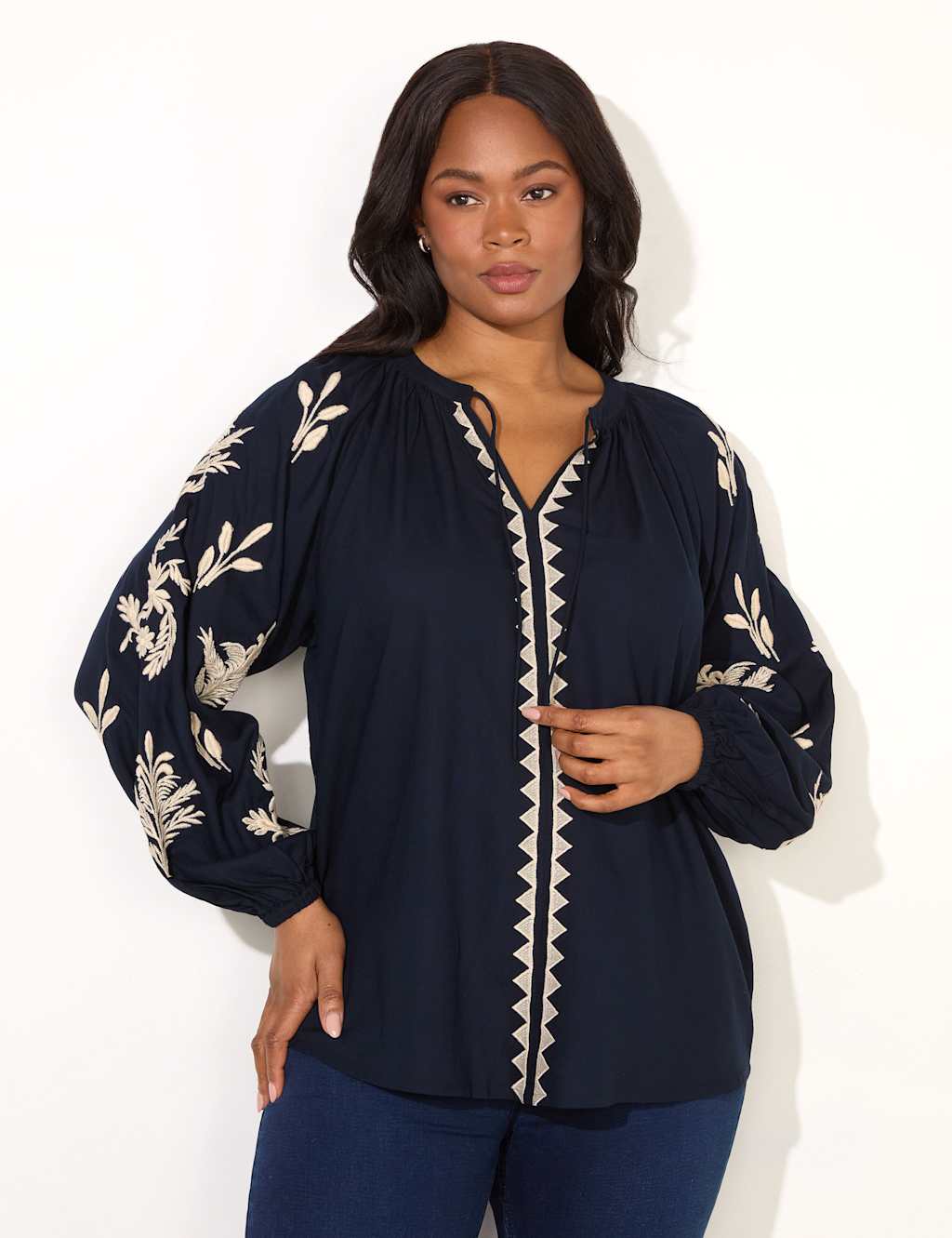 Embroidered Tie Neck Top