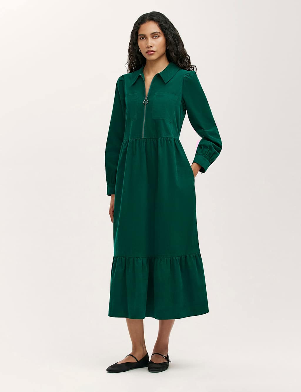 Finery London Cord Zip Neck Midi Tiered Dress Green