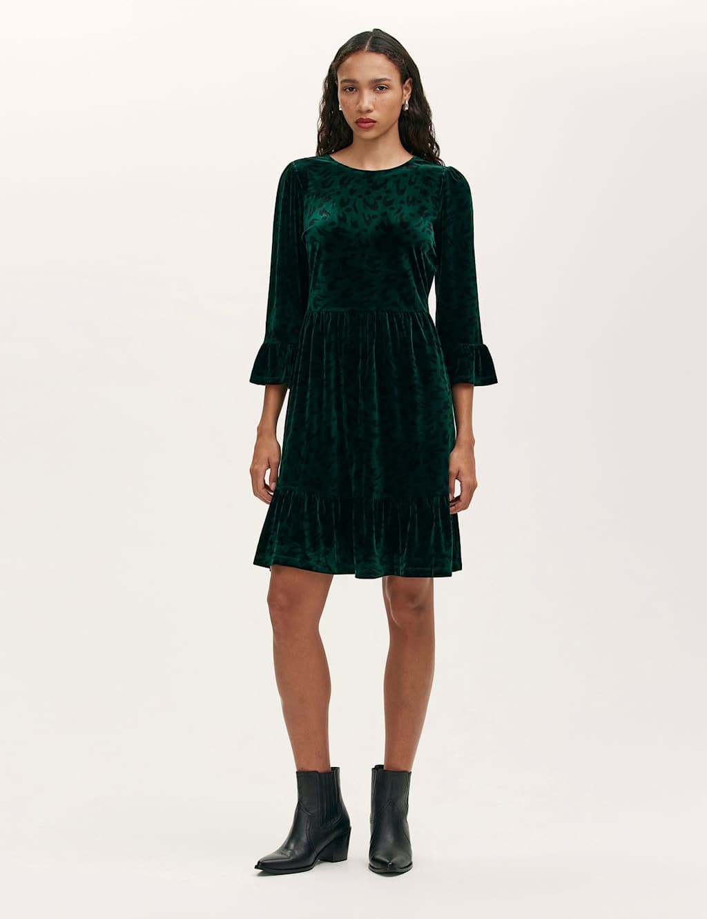 Finery London Velvet Animal Print Knee Length Skater Dress Green Mix