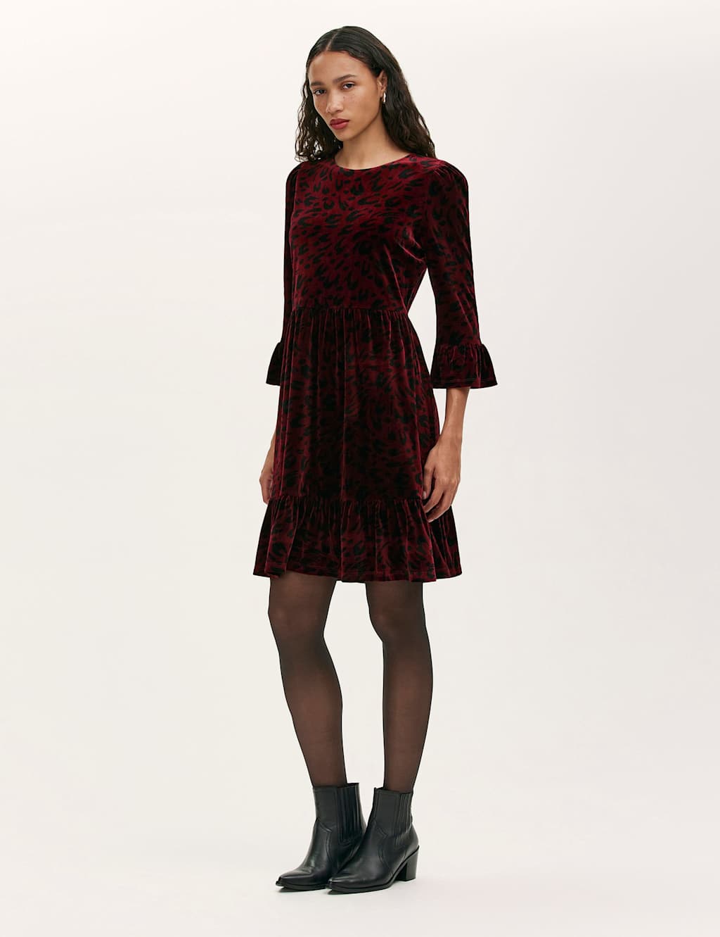 Finery London Velvet Animal Print Knee Length Skater Dress Burgundy Mix