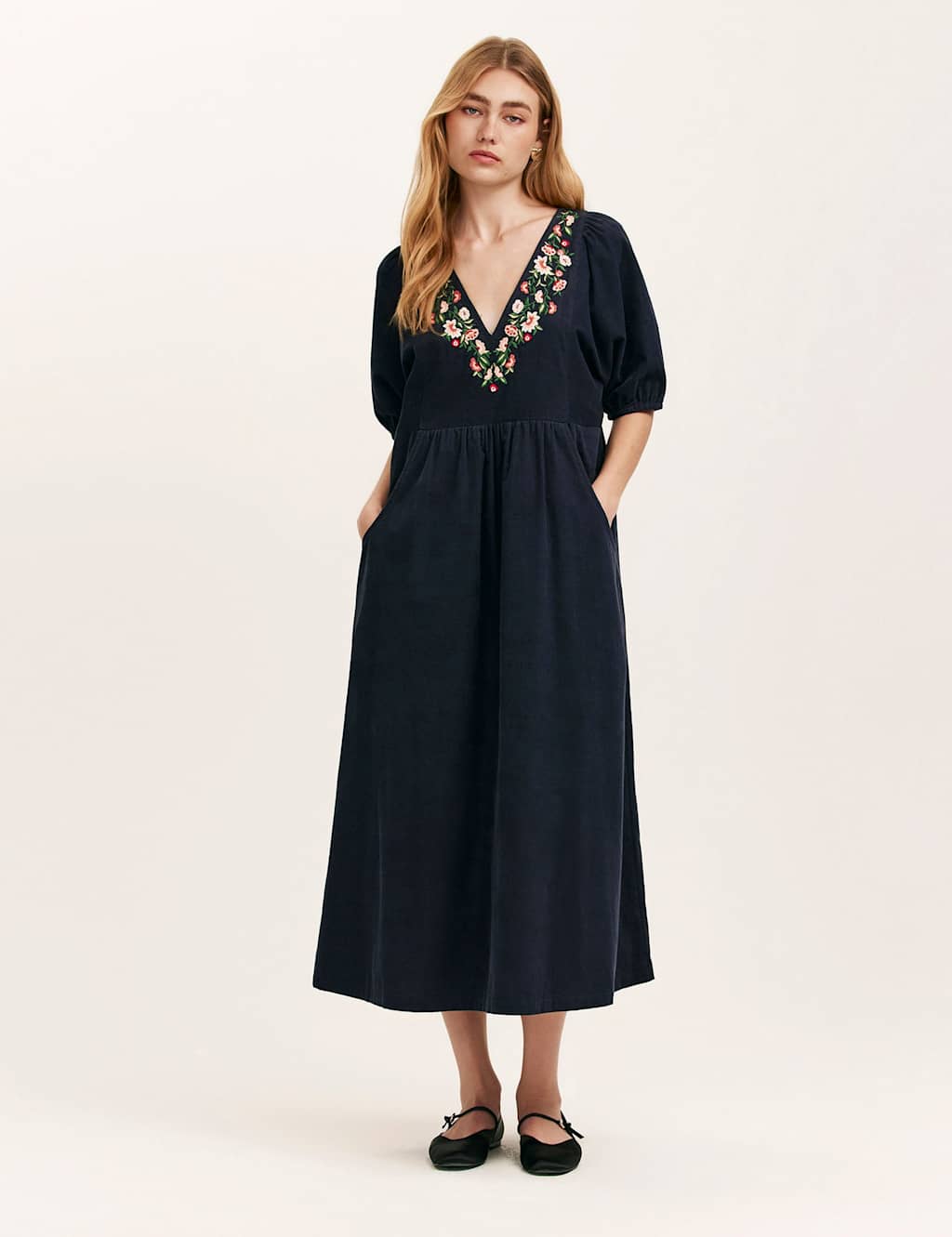 Finery London Cord Embroidered V-Neck Midi Smock Dress Navy