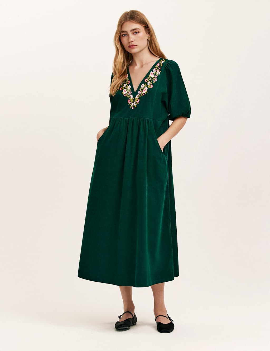 Finery London Cord Embroidered V-Neck Midi Smock Dress Green