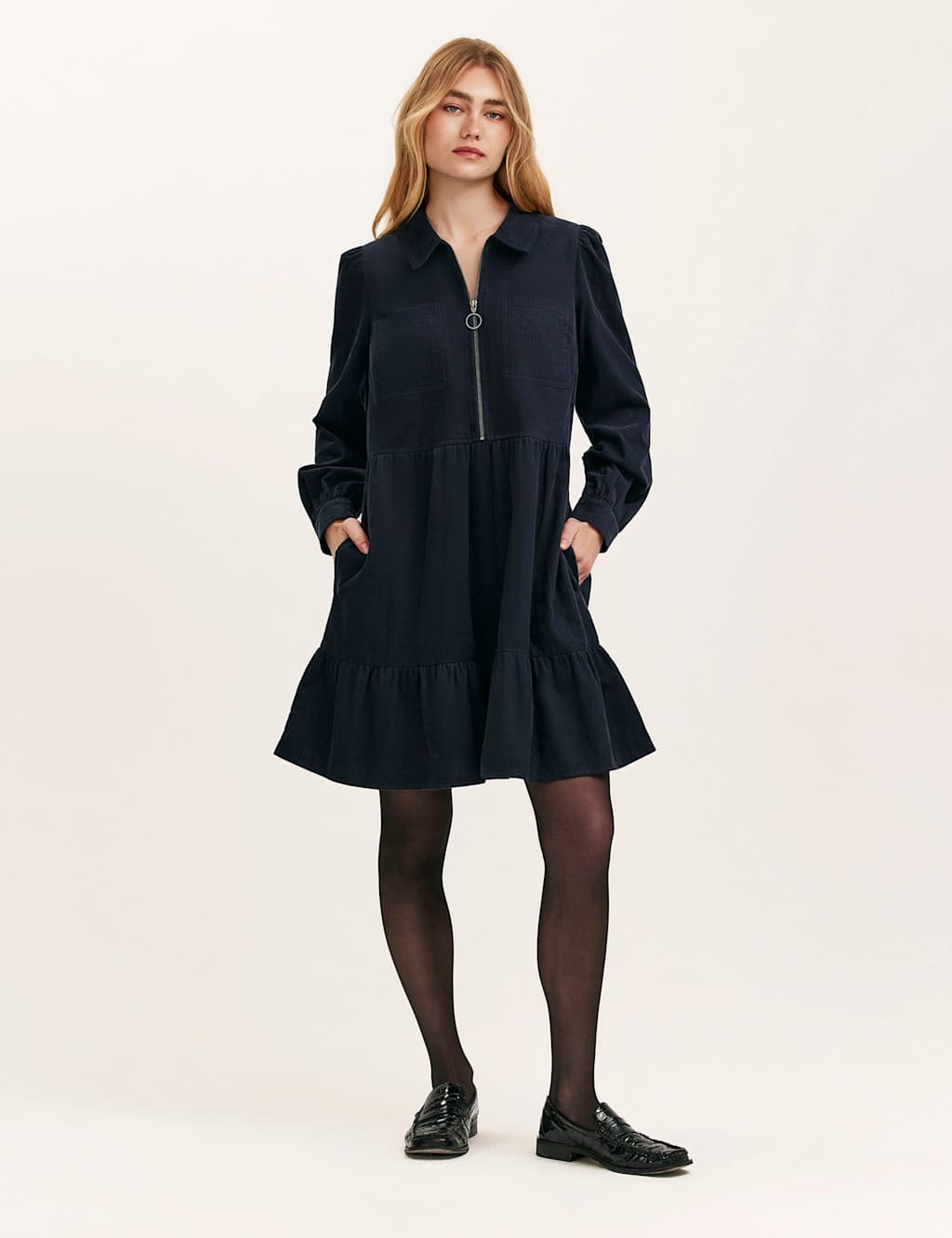 Finery London Pure Cotton Collared Knee Length Tiered Dress Navy