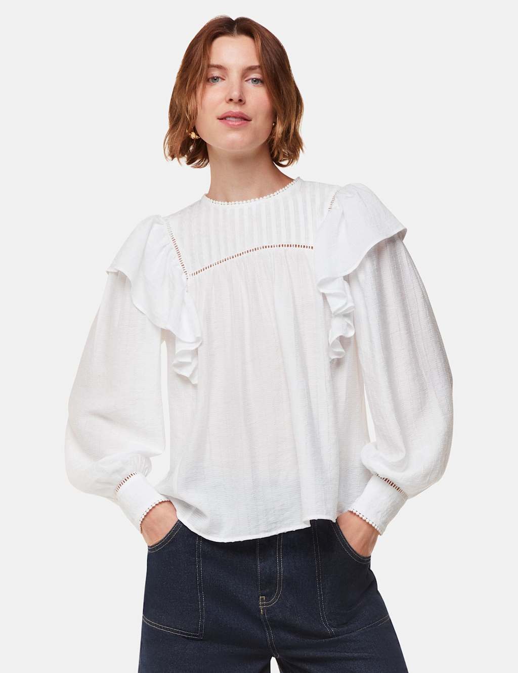 Textured Round Neck Frill Detail Blouse